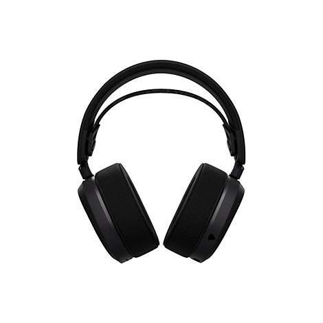 Casque noir, photographié de face sur fond blanc. On distingue les écouteurs, l'arceau et le rembourrage.