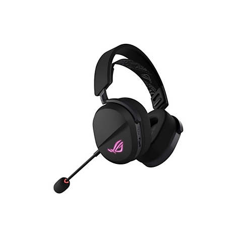Casque de jeu noir avec microphone. Le logo ROG est sur les oreillettes, le microphone a une pointe rouge.
