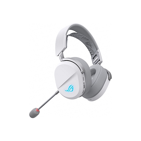 Casque de jeu blanc sur fond blanc, écouteurs gris, micro, logo bleu.