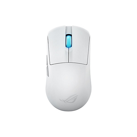 Souris de jeu blanche avec molette de défilement éclairée en bleu et logo ROG.