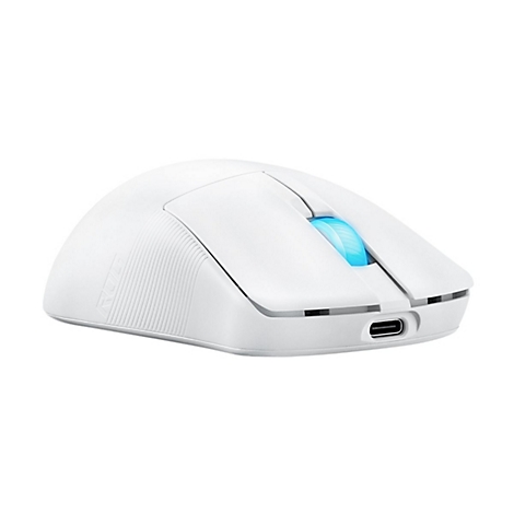 Souris de jeu blanche avec molette de défilement éclairée en bleu et port USB-C.