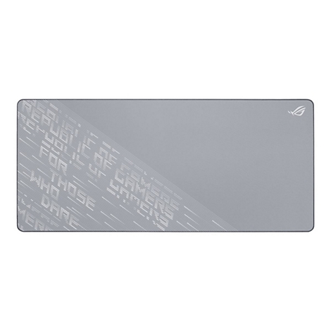 Tapis de souris rectangulaire gris avec logo ROG blanc et motif texte. Impression : "REPUBLIC OF GAMERS".