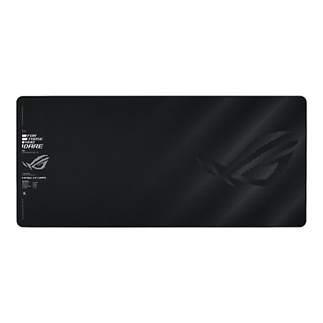Tapis de souris rectangulaire noir avec lettrage et logo, sur fond blanc.