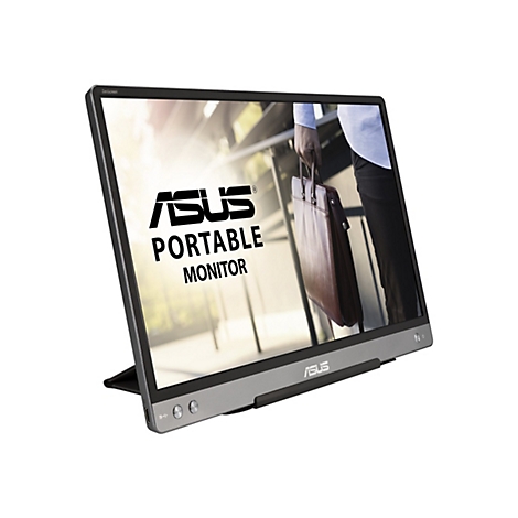 Moniteur portable ASUS. L'écran affiche une image floue d'une personne tenant une mallette. Les mots 'ASUS PORTABLE MONITOR' sont sur l'écran.