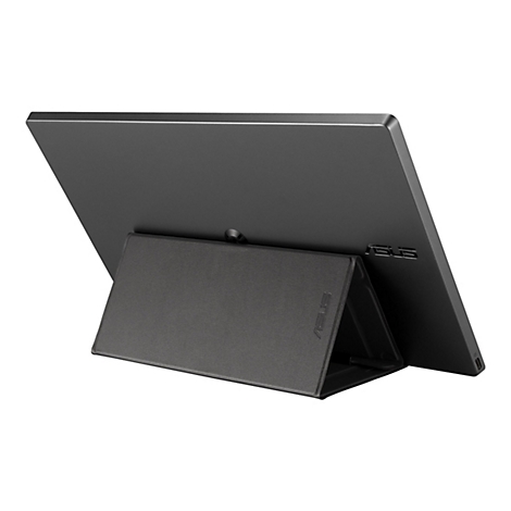 Ein schwarzes Tablet in einer grauen Schutzhülle. Das Tablet steht leicht geneigt auf der Hülle. Deutlich sichtbar ist das ASUS Logo.
