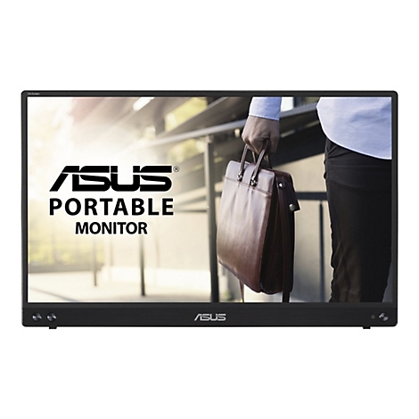 Un moniteur portable ASUS noir affiche un bureau flou en arrière-plan. Sur l'écran, ASUS PORTABLE MONITOR est écrit tandis qu'une personne en costume et porte-documents se tient à côté.