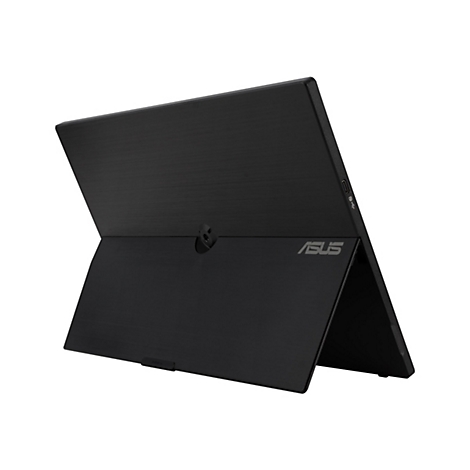 Tablette noire avec support, logo ASUS. Vue détaillée de la texture, des ports.