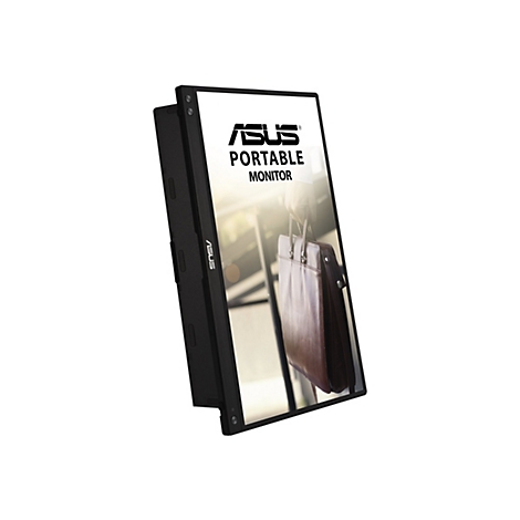 Un moniteur portable ASUS noir sur fond blanc. Une serviette en cuir marron est visible sur le moniteur. Au-dessus, il est écrit ASUS PORTABLE MONITOR.