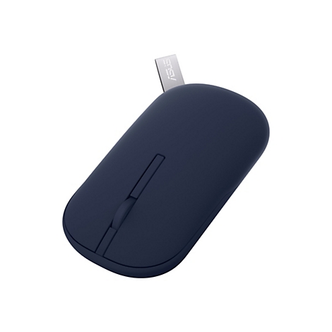 Dunkelblaue, minimalistische Asus-Computermaus mit kleiner Stoffschlaufe auf weißem Hintergrund.
