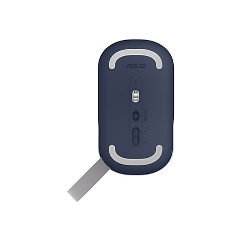 Unterseite einer dunkelblauen ASUS-Maus mit Sensor, Schaltern und zwei grauen Gleitfüßen.