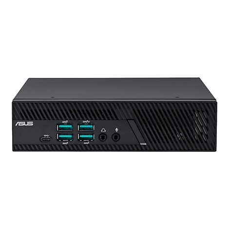 Schwarzer Mini-PC von Asus. Auf der Front sind Anschlüsse für USB und Audio zu sehen.