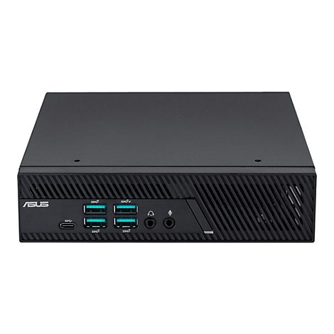 Schwarzer ASUS Mini-PC, Frontansicht: USB-Ports, Audioanschlüsse und Logo.