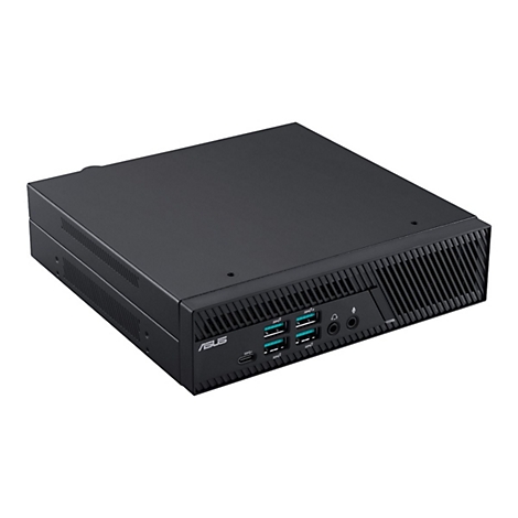 Schwarzer Mini-PC mit USB-Anschlüssen und ASUS-Logo. Auf weißem Hintergrund.