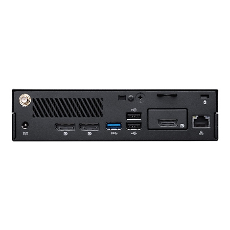 Rückansicht eines schwarzen Mini-PCs mit Anschlüssen: Antenne, DCIN, HDMI, USB, LAN und mehr. Detailliert.