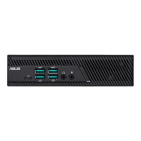 Schwarzer Mini-PC von ASUS. Vorderseite mit Anschlüssen und Lüftungsschlitzen.