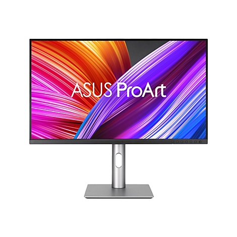 Un moniteur ASUS ProArt, fond coloré, support gris.