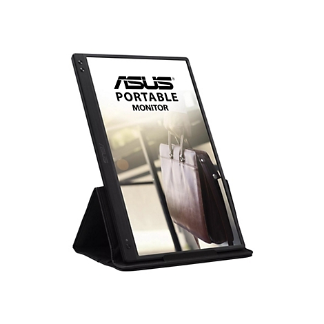 Moniteur portable ASUS noir, incliné, sur un support noir. Le moniteur affiche un homme avec un sac marron.