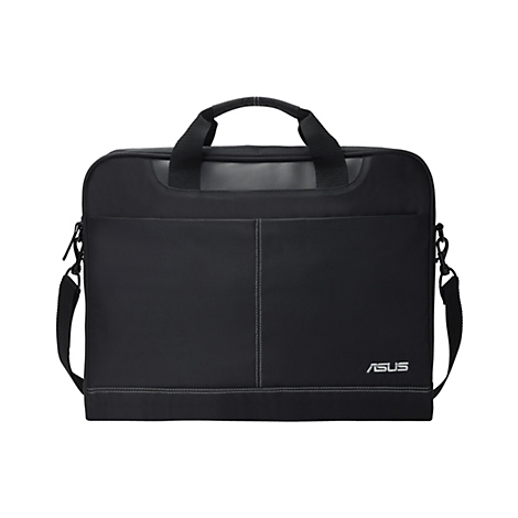 Schwarze Asus Laptoptasche mit Tragegriffen und abnehmbarem Schultergurt vor weißem Hintergrund.