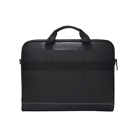 Schwarze Laptoptasche, rechteckig, mit Tragegriff, Gurt und Reißverschluss.