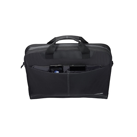 Schwarze Laptoptasche mit Griffen und zwei Außentaschen. In einer Tasche steckt ein Smartphone, in der anderen ein schwarzes Rechteck.