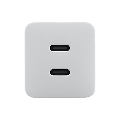 Vorderansicht eines weißen USB-C-Wandladegeräts mit zwei USB-C-Anschlüssen, beschriftet als USB-C1 und USB-C2.