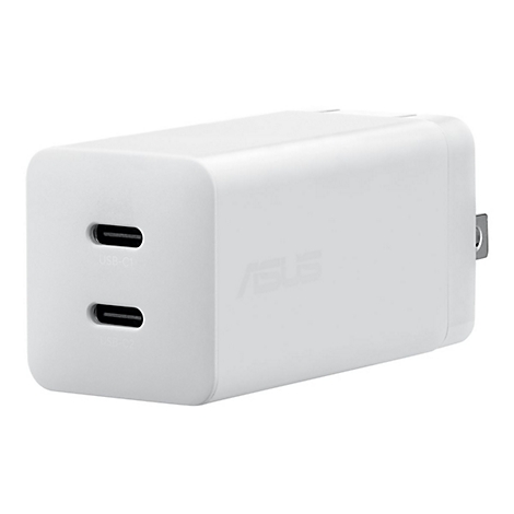Weißer Asus Netzadapter mit zwei USB-C-Anschlüssen vor neutralem Hintergrund.