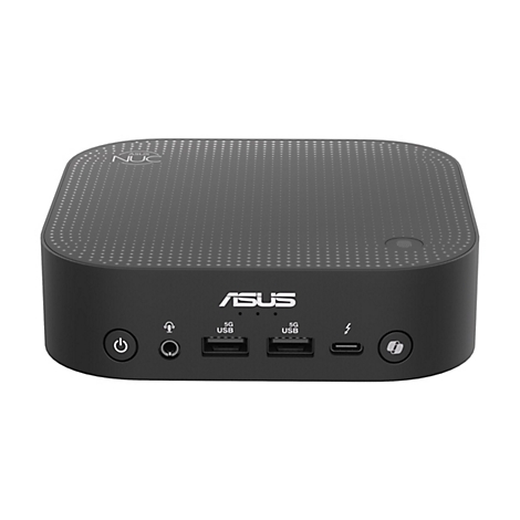 Schwarzer ASUS NUC Mini-PC, oben mit Punkten verziert, ASUS-Logo vorn. Anschlüsse: USB, Klinke, Strom.