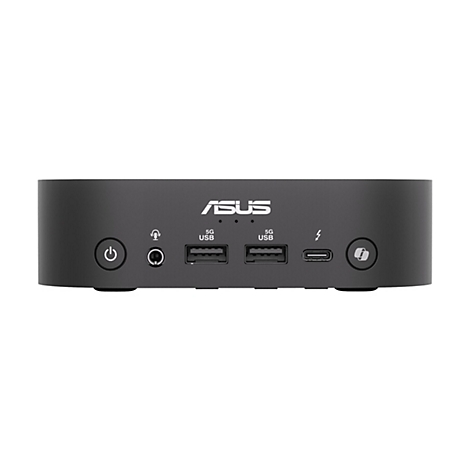 Schwarzer ASUS Mini-PC, Vorderseite: Power-Taste, Kopfhöreranschluss, USB, USB, Thunderbolt-Anschluss, Reset-Taste.