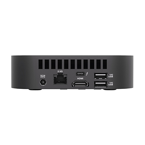 Rückansicht einer schwarzen Set-Top-Box mit Anschlüssen für Strom, Ethernet, HDMI und USB.