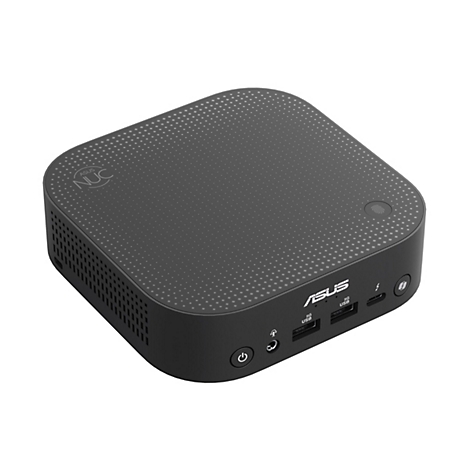 Ein schwarzer ASUS NUC Mini-PC, Draufsicht. Das Gehäuse ist quadratisch mit abgerundeten Ecken und einer strukturierten Oberfläche. Auf der Oberseite befindet sich ein Fingerabdrucksensor.