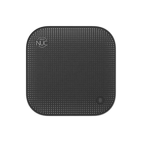 Ein schwarzes ASUS NUC, quadratisch mit abgerundeten Ecken, bedeckt mit einem Gittermuster aus hellen Quadraten, mit einem Fingerabdrucksensor.