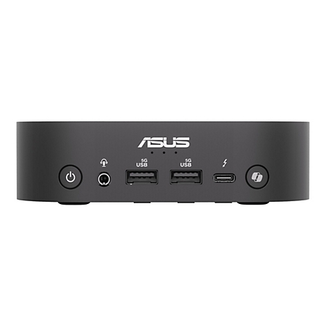 Schwarzer ASUS Mini-PC vor weißem Hintergrund. Vorderseite mit Ein-/Aus-Taste, Audioanschluss, USB-Anschlüssen, und Logo.