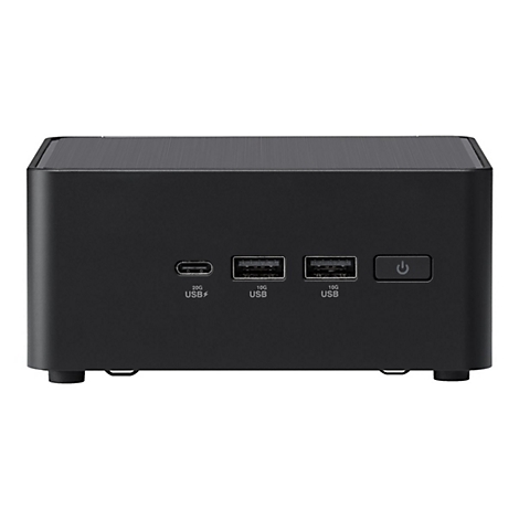 Schwarzer Mini-PC mit USB-Anschlüssen, Power-Button und Schriftzügen '20G USB', '10G USB'.