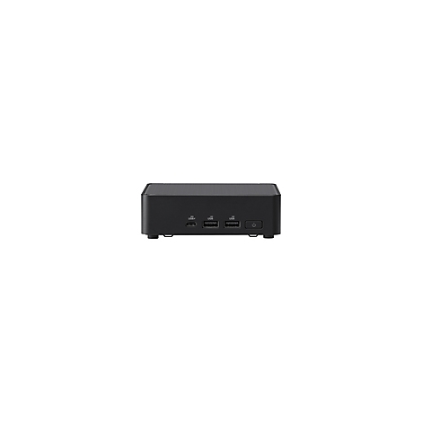 Ein schwarzer Mini-PC mit Anschlüssen, seitlich ein Power-Button.