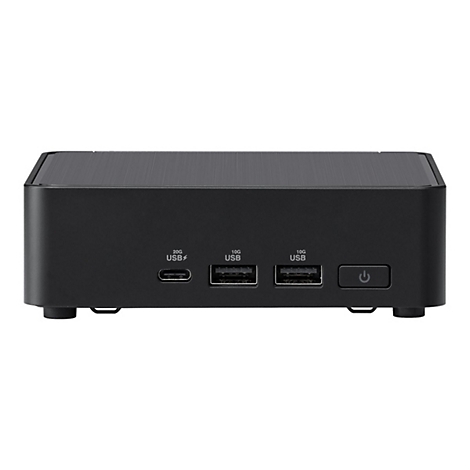 Mini PC noir avec ports USB. L'avant présente les termes USB et la vitesse.