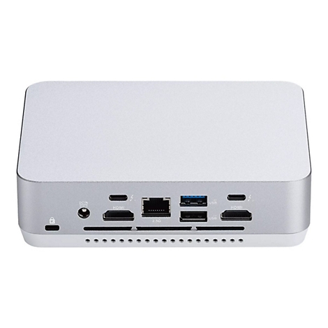 Silberne Mini-Dockingstation mit zahlreichen Anschlüssen: HDMI, USB, DCIN. Auf weißem Hintergrund.