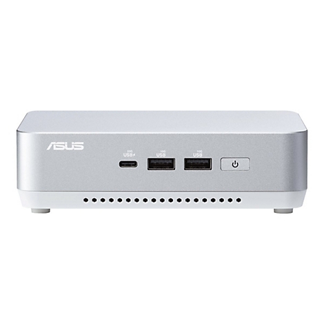Grauer ASUS-Mini-PC, Frontansicht. Mit Anschlüssen: USB-C, 2x USB, Power-Button. Unterseite weiß, kleine Füße.