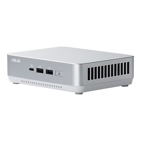 Silberfarbener Mini-PC von ASUS mit Anschlüssen, Logo und Ein-/Ausschalter.