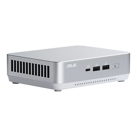 Silberfarbener ASUS Mini-PC mit USB-Anschlüssen, Power-Button und Lüftungsschlitzen.