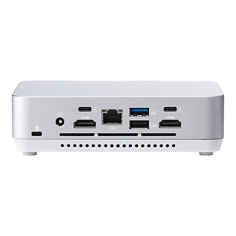 Silberne Computer-Box mit Anschlüssen für HDMI, USB, Ethernet und Strom.