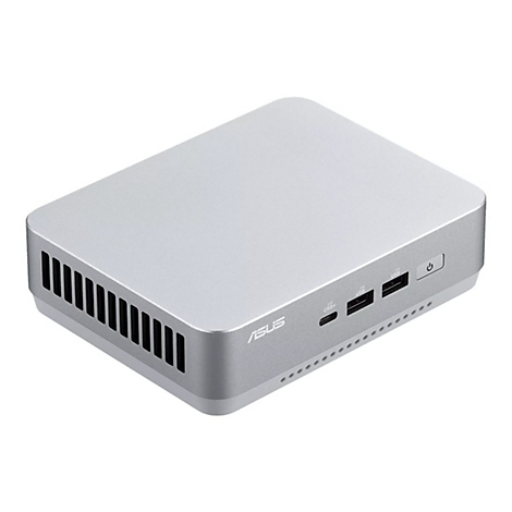 Silberfarbener Mini-PC mit ASUS-Logo, USB-Anschlüssen und Ein-/Aus-Schalter.
