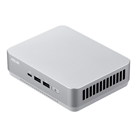 Silberner Mini-PC mit "ASUS"-Logo, USB-Anschlüssen, Ein-/Aus-Taste und Lüftungsschlitzen auf hellem Hintergrund.
