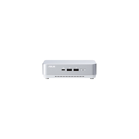 Ein silberner Mini-PC mit den Anschlüssen USB, Typ-C und einem Ein-/Ausschalter. Vorne ist der Markenname ASUS zu sehen.
