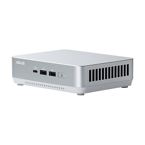 Kleiner silberfarbener ASUS-Mini-PC. Auf der Vorderseite sind USB-Anschlüsse und ein Power-Knopf zu sehen.