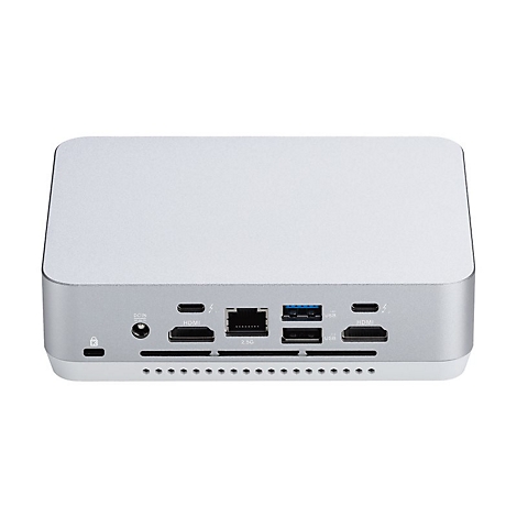 Graue Mini-PC-Rückseite mit Anschlüssen: HDMI, USB, Ethernet. Metallgehäuse mit Belüftungsschlitzen.