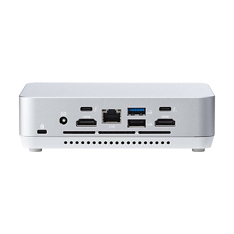 Silberner Mini-PC mit Anschlüssen für HDMI, USB und Ethernet auf weißem Hintergrund.