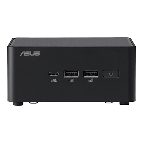 Schwarzer Mini-PC mit ASUS-Logo, USB-Anschlüssen und Einschaltknopf. Schriftzug: 20G USB, 10G USB.