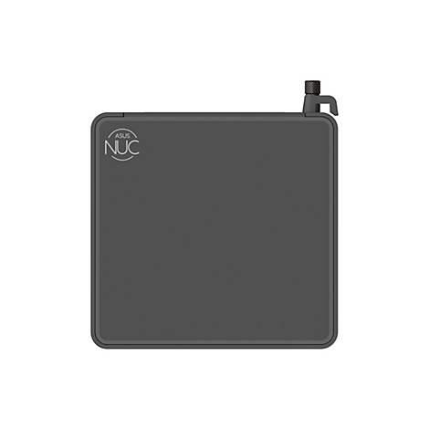 Dunkelgraues ASUS NUC, eine kompakte rechteckige Computer-Einheit, mit Antenne.