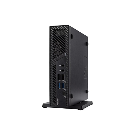 Ein schwarzer Mini-PC der Marke Asus, der auf einem Ständer steht. Auf der Vorderseite befinden sich USB-Anschlüsse und Audio-Eingänge. Der PC hat eine geriffelte Front und eine glatte Seitenfläche.