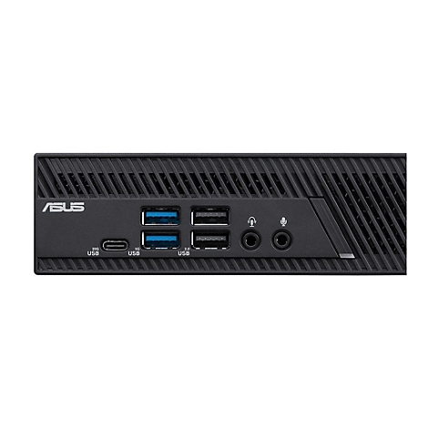 Frontansicht eines schwarzen ASUS Mini-PCs mit USB-Anschlüssen und Audio-Eingängen. ASUS-Logo links.